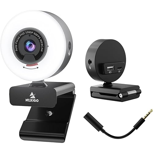 NexiGo N960E Pro 60FPS Webcam with Mic/Headset Jack and Extra USB Port, 1080P Web Camera with Light, Fast AutoFocus, Built-in Privacy Cover, for Zoom Meeting Skype Teams Twitch
