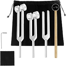QWORK® 128Hz 256Hz 512Hz Therapeutic Tuning Fork Set for Sensory Test and Relaxation - Aluminum Alloy - with Silicone Hammer