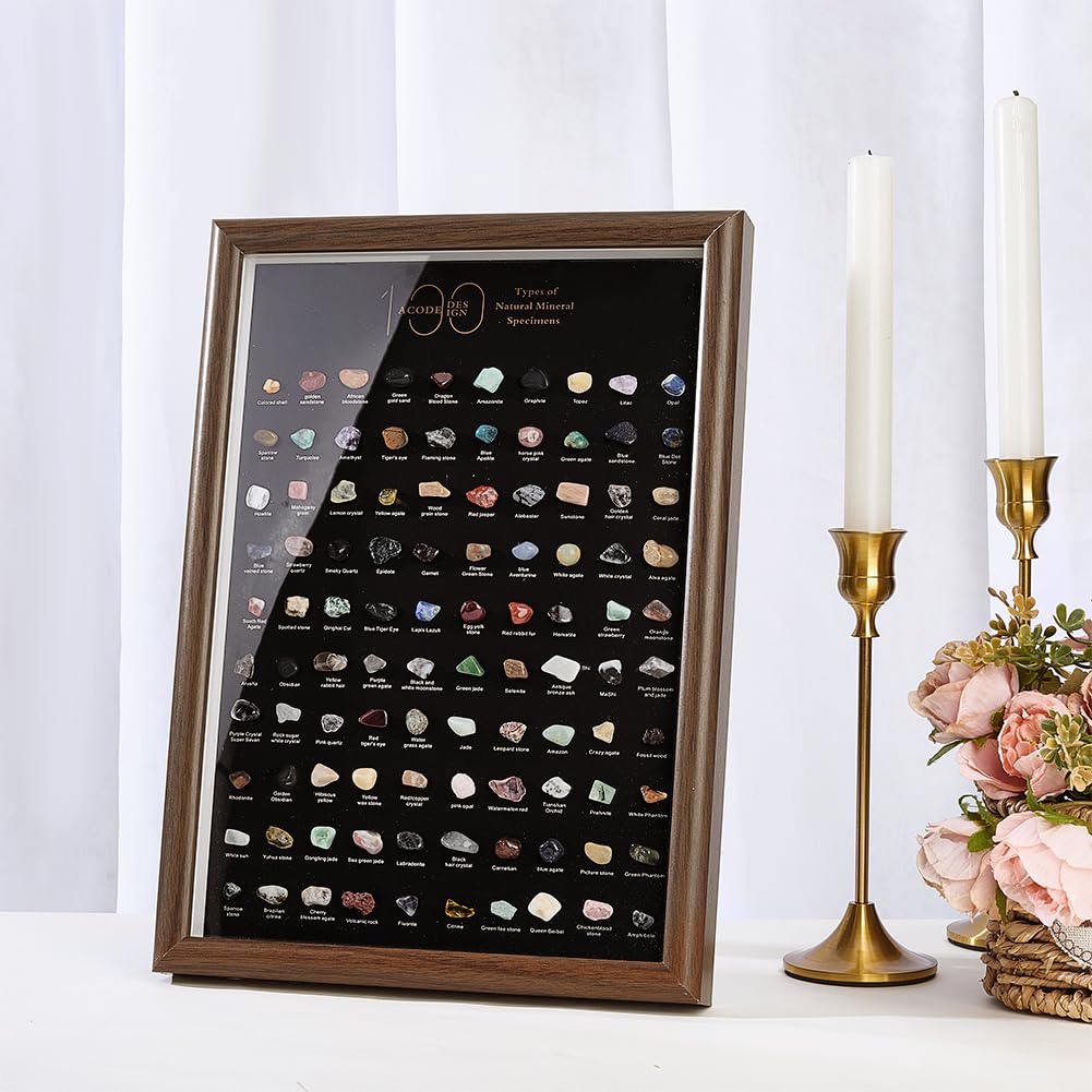 PH PandaHall Kit di Pietre e Minerali da Collezione Set di Pietre Preziose, 100pz Cristalli Pietra Minerali Naturali Cornice Espositiva per Casa Ufficio Scrivania Decorazione, 23x32cm