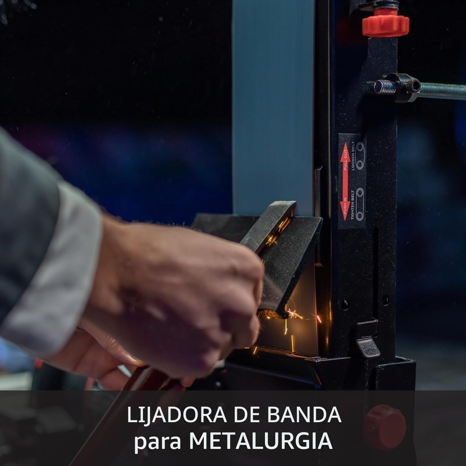 BUCKTOOL Lijadora de banda para metal, lijadora de banco de 700 W, 100 x 914 mm, disco de 200 mm | Motor de accionamiento directo y ángulo de lijado ajustable para desbarbado, moldeado, acabado y taller de metalurgia