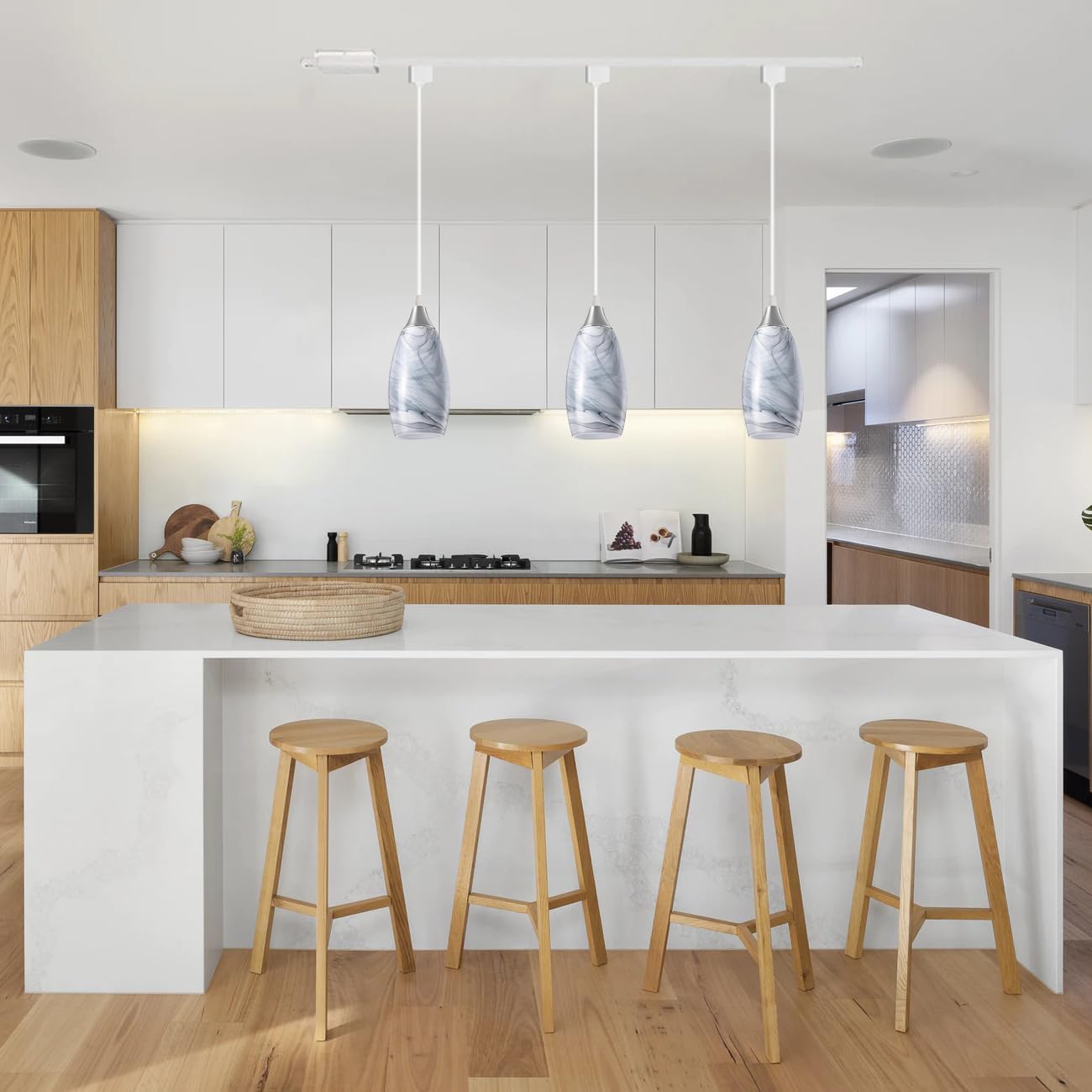 Kiven 3-Light H-Type Track Lighting Pendants,Modern h Track Pendant Lights with Grey Marble Glass Lampsade,Decorative Track Lighting Fixture for Kitchen Island Hallway Restaurant