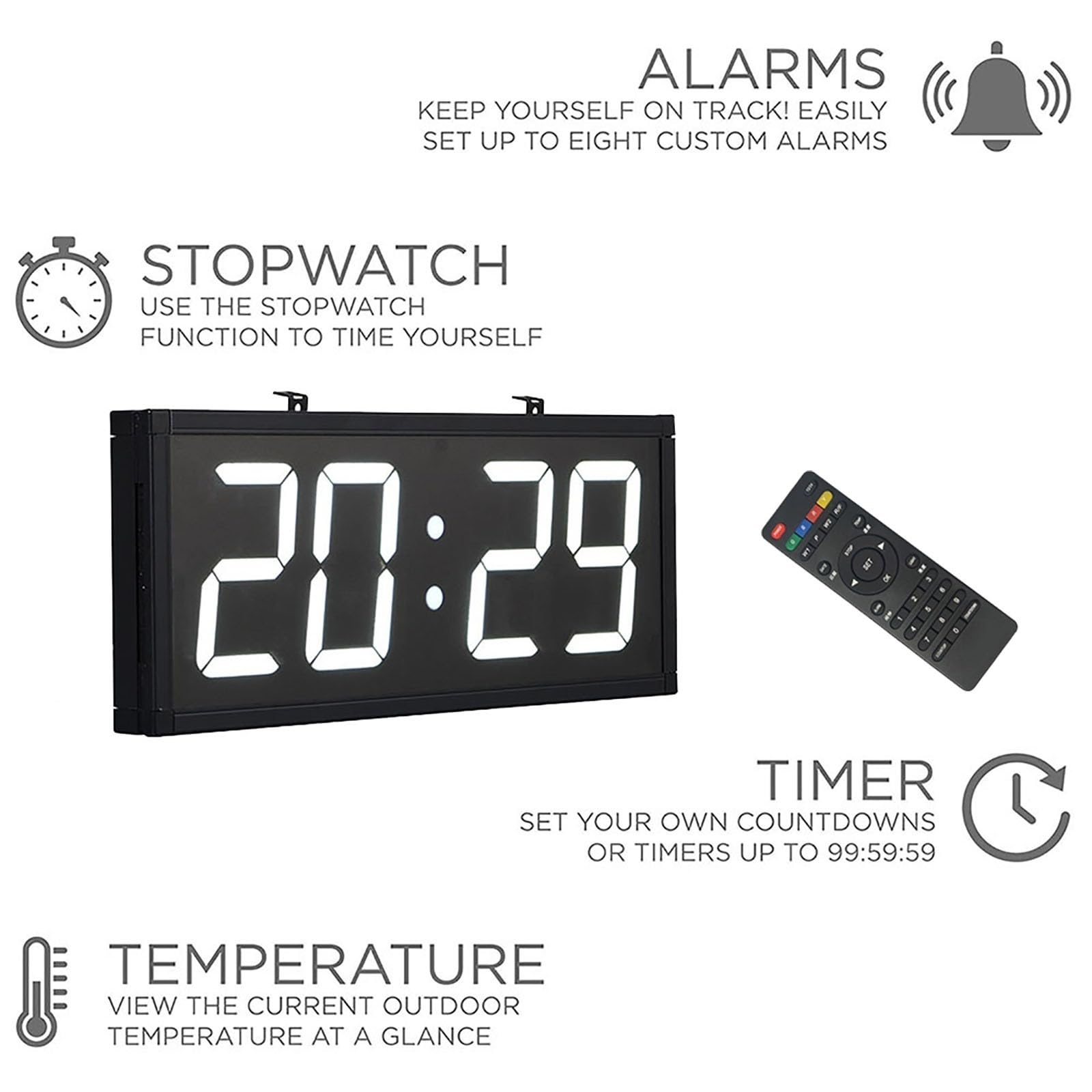 Cyfrowy zegar ścienny LED z pilotem - 4/6 cyfr Ogromny wielofunkcyjny timer, stoper, alarmy, odliczanie, wilgotność i temperatura, idealny do biura, siłowni i seniorów (Color : RED, Size : 4 DIGITS