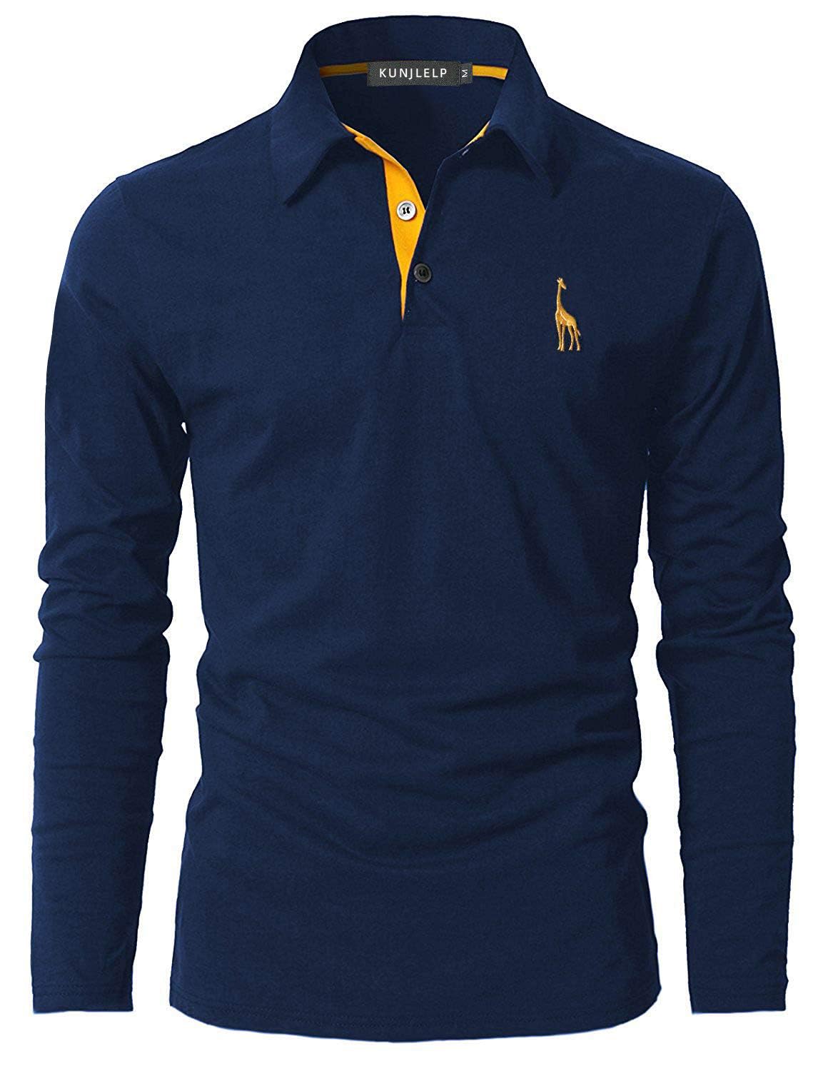 KUNJLELP 100% Cotone Polo da Uomo Manica Lunga Ricamo di Giraffa Maglietta Uniformi Polo da Lavoro per l'autunno e l'inverno