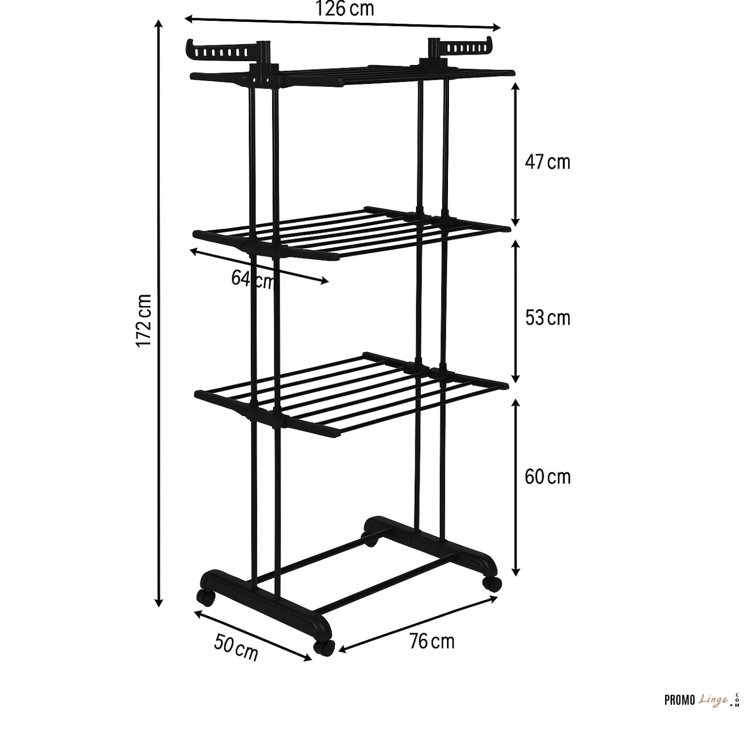Étendoir à Linge sur Pied, 3 Niveaux, Tancarville, Séchoir, Étendoir à Linge intérieur, Étendoir Pliable, Grande Capacité, Étendoir avec Roues,170x64x126cm (Noir)
