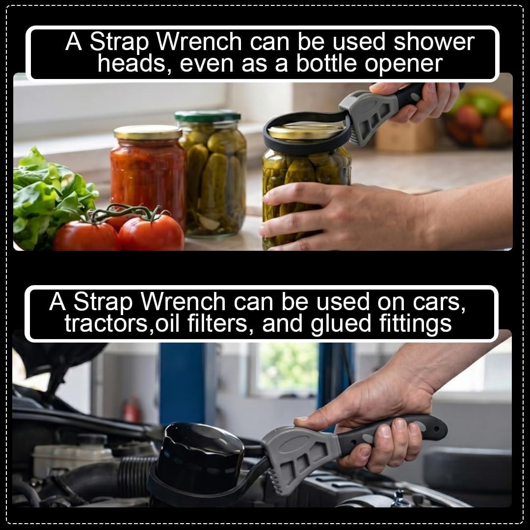 2-Pack Rubber Strap Wrench Set with Adjustable Grip Belt for Plumbing, Oil Filter, Jar Lid Opener & Various Objects, Lightweight Belt Wrench Tool for Home, Garage & Workshop, Grey