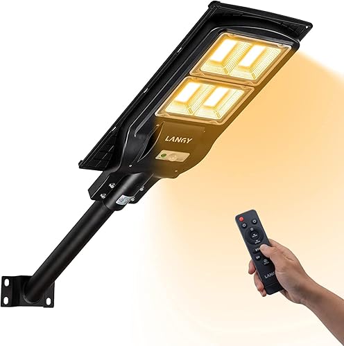 LANGY Farolas solares para exteriores, color blanco cálido, luces de estacionamiento comercial, chips LED amarillos, luz de calle solar de 3000 K