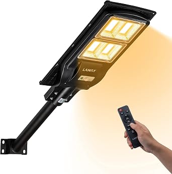 LANGY 3000k Warm White Solar Street Lights Outdoor,Commercial Parking Lot Lights Yellow 180 LEDs Chips Light with Motion Sensor & Dusk to Dawn IP67 with Remote Control for Barn, Yard, Pathway