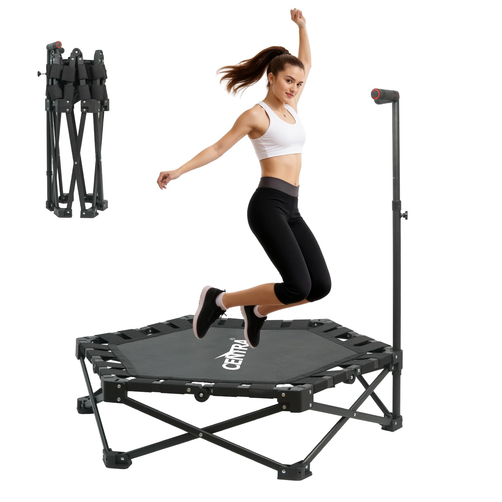 Centra 42" Foldable Rebounder Trampoline, Fitness Trampoline for Adults with Adjustable Handle, Indoor Exercise Equipment for Home, Portable and No Installation Required