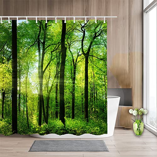 Yeele YEELE-111 Nature Landscape Shower Curtain Green Trees Forest Bathroom Curtains Spring Sunrise Jungle Themed Scenery Waterproof Bathtub Decor With Plastic Hooks,60X72In thumb #4