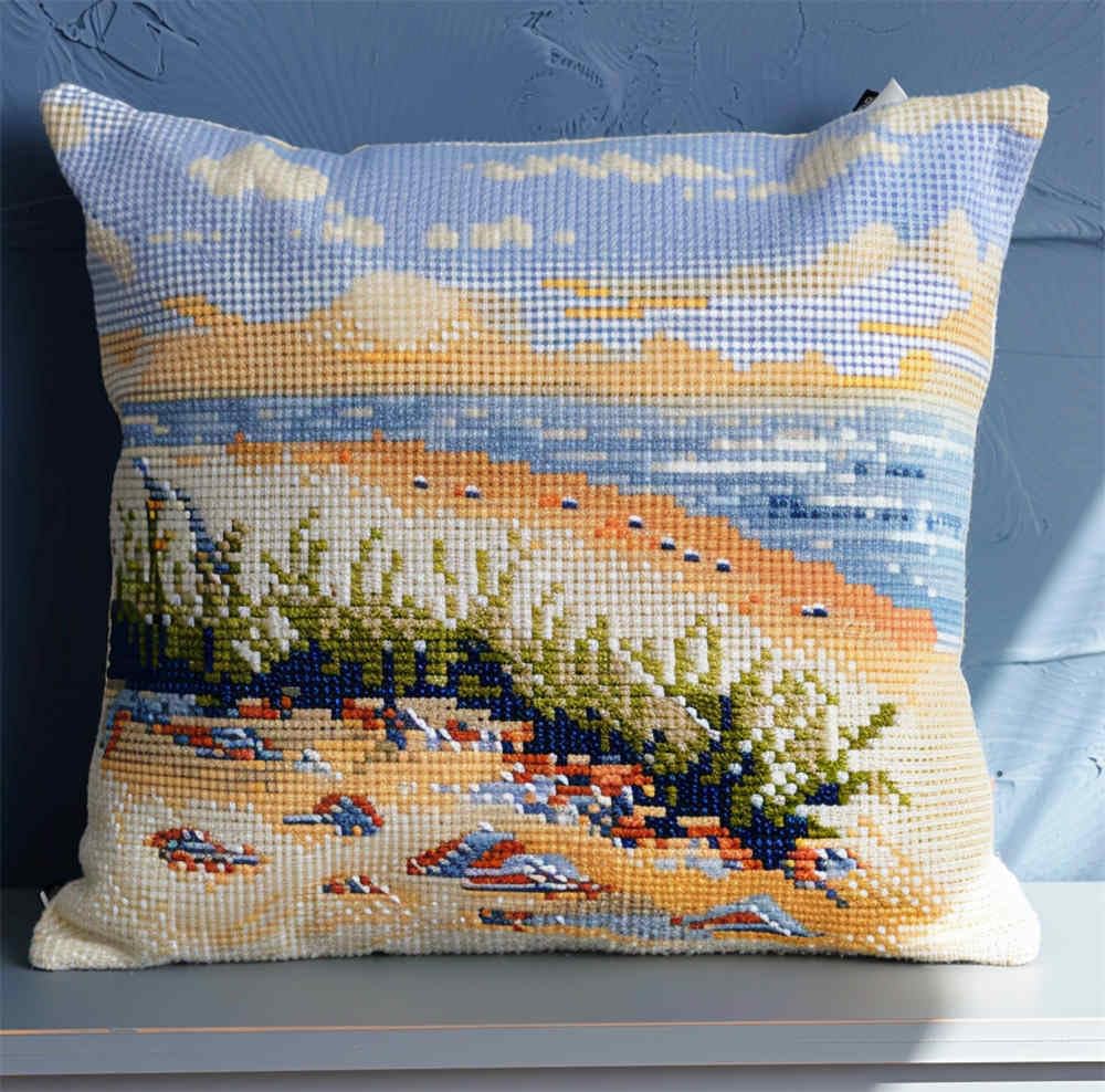 Kitphoenix Latch Hook Embroidery Kits Seaside Scenery Sofa Cushion Cover 43Cmx43cm
