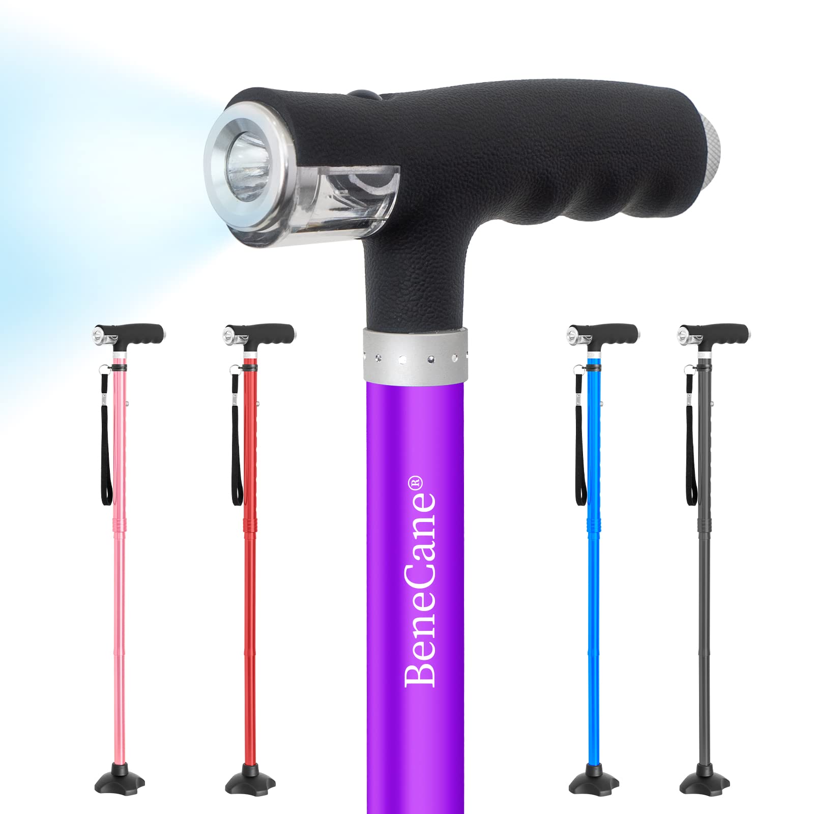 BeneCane Walking Cane for Women Folding Cane for Men with Two Led Lights Quad Cane with Stable Base Lightweight and Adjustable Walking Stick. (Purple)