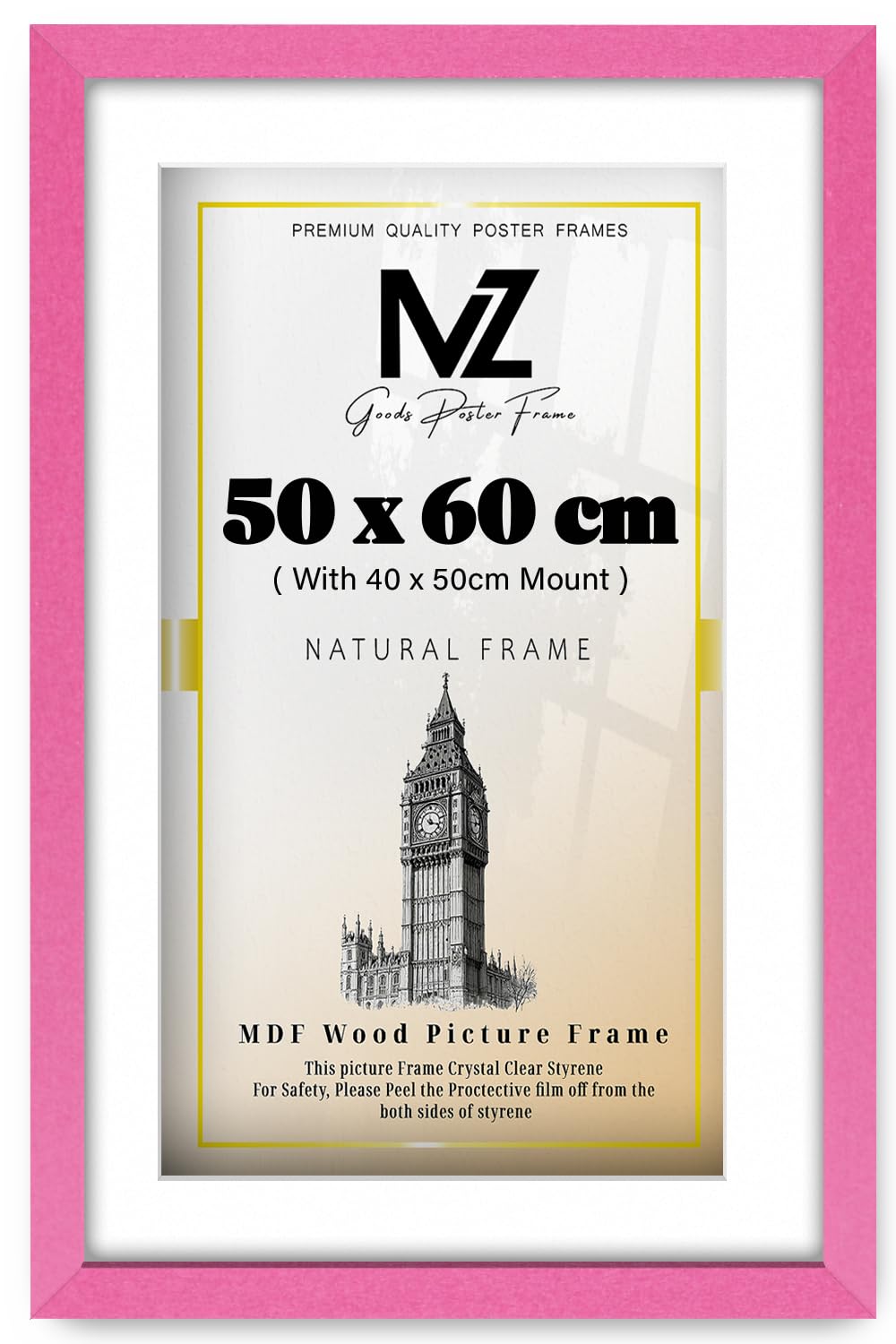 MZ GOODS | MDF Artistic Home Décor Frame (50 x 60 cm) with 50 x 40 cm White Mount Elegant Hanging | 24 x 20 Diploma, Award, Photo, Modern Picture Frame [ Pink ]