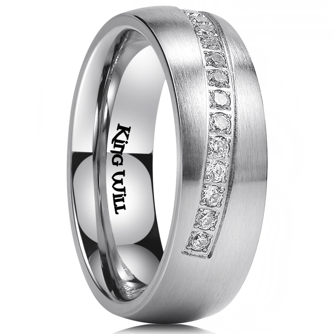 King Will GEM 7mm 8mm Mens Wedding Ring Inlay with 14 Cubic-zircons Matte Finish Dome Style Stainless/Titanium