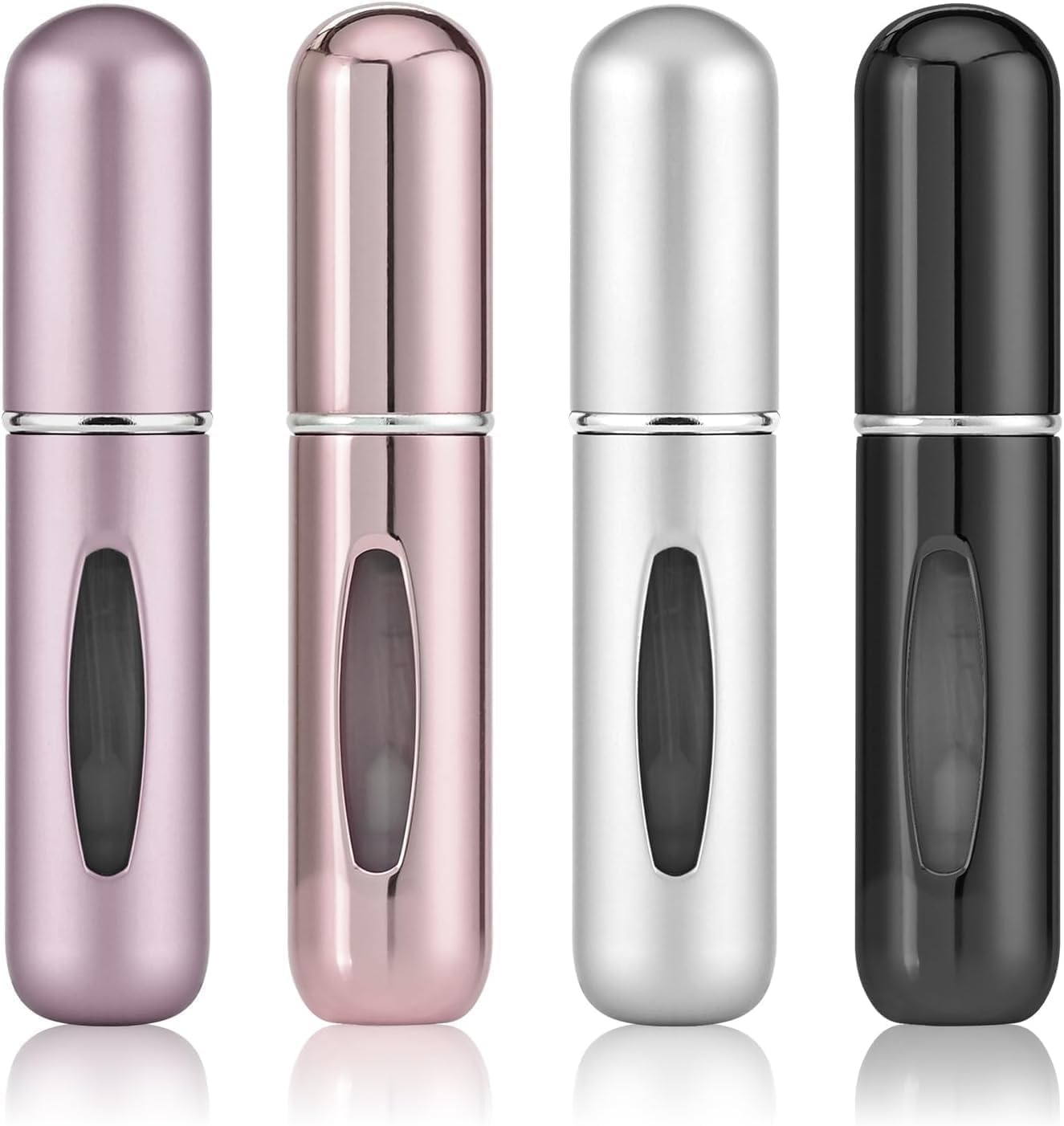 Mini-parfumverstuiver, 4 stuks, 5 ml, draagbare navulbare verstuiver, lege spuitflessen met venster, voor reizen, handtas, aluminium, subzilver/lichtroze/subroze/lichtzwart