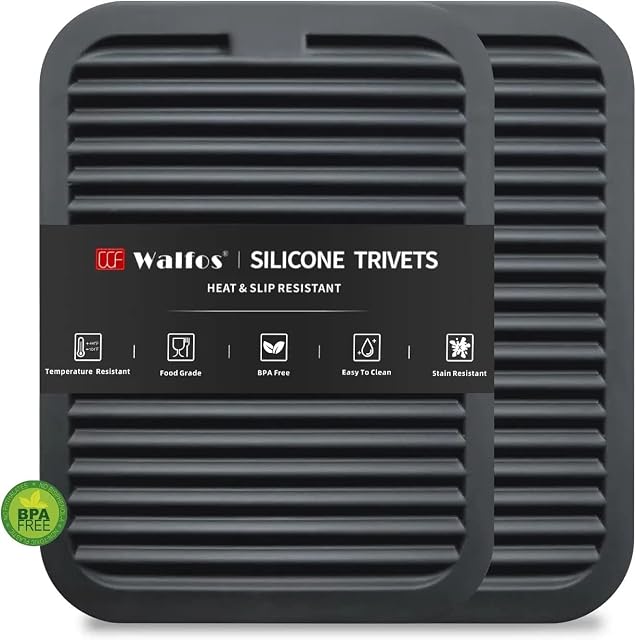 Walfos Silicone Trivets For Hot Pots and Pans - 2 Pack Hot Pads for Kitchen Counter, (30×23cm) Heat Resistant Silicone Table Mat -Multi-Purpose trivets for Hot Dishes Silicone Pot Holders Mat, Black