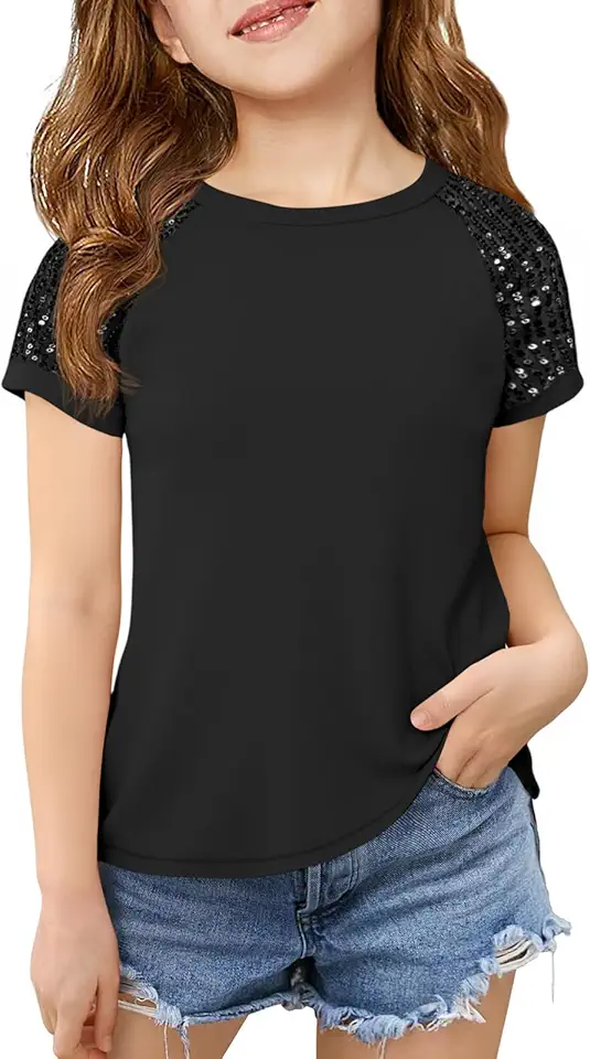 Haloumoning Girls Sequin Short Sleeve T Shirts Kids Summer Crewneck Tops Fashion Tees 5-14 Years