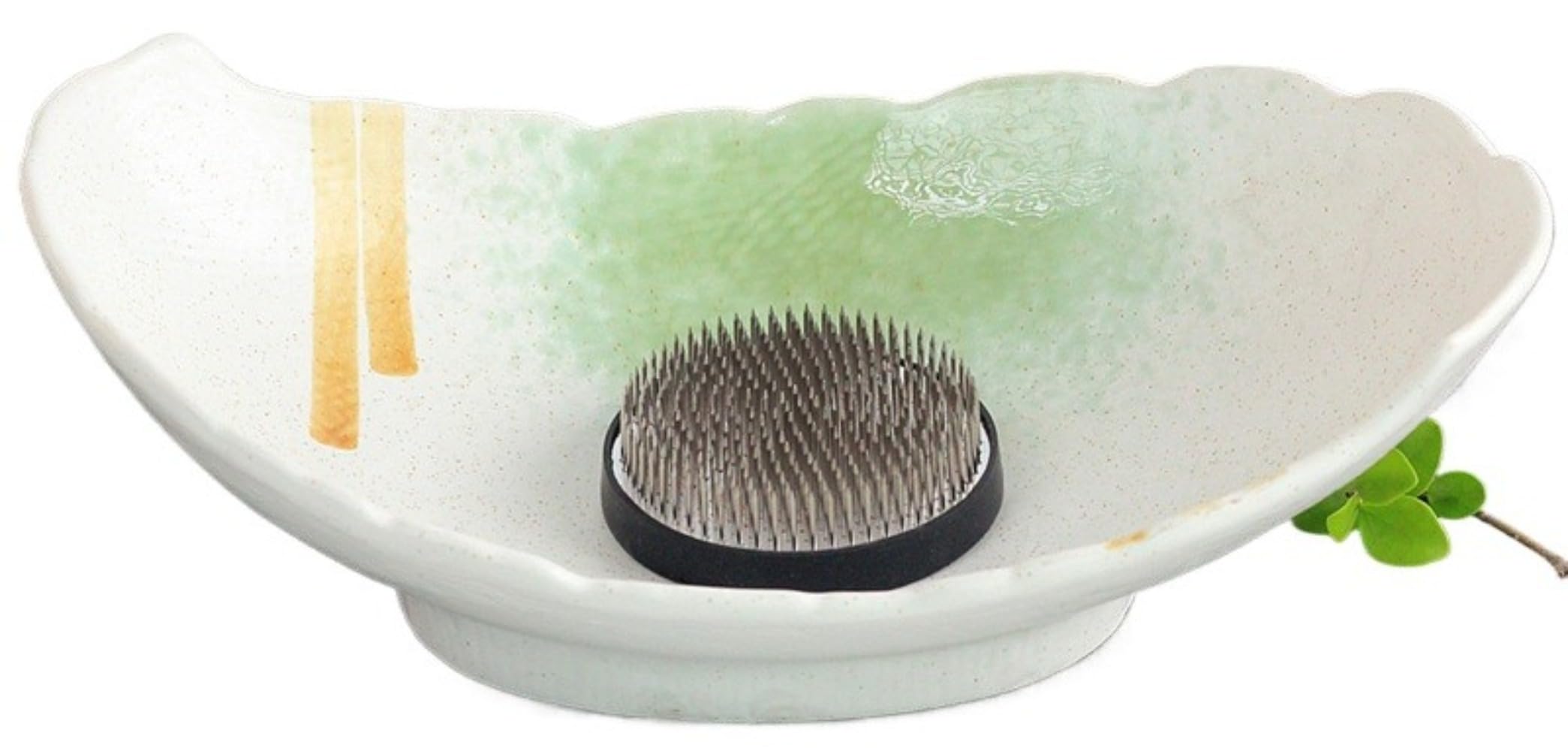 Japanese Ceramic Ikebana Dish Oval Serving Plate Green White 12.4x7in