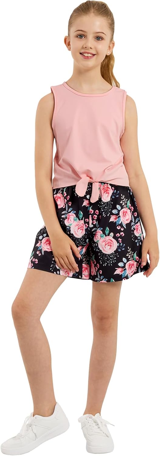 Ochine Girl's 2 Piece Outfits Summer Sleeveless Tie Knot Tank Top and Paperbag Waist Girls Shorts Set Clothes Sets 4-12 Years - Image 5