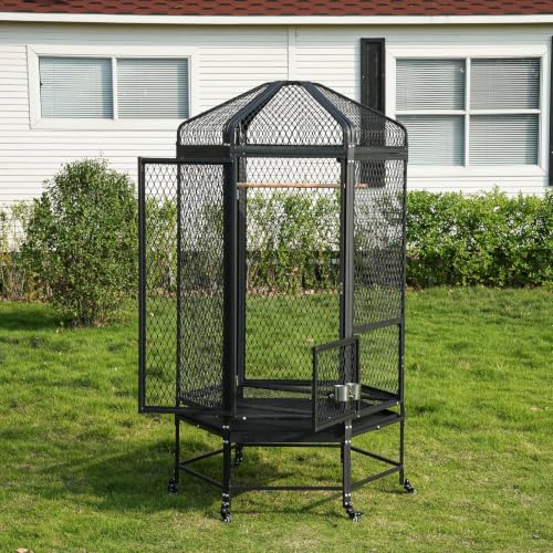 Walnest Large Bird Cage 71-Inch Hexagonal Flight Aviary Heavy-Duty Powder-Coated Steel Diamond Mesh Rolling Stand for Parakeets and Parrots (Black)