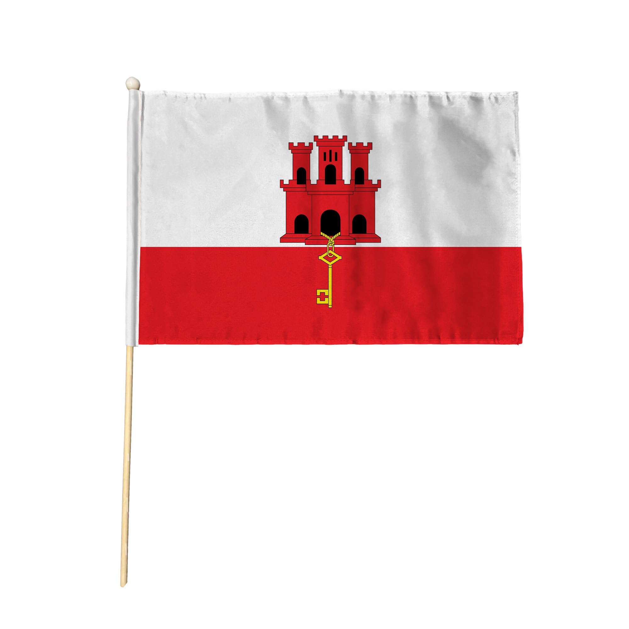 Flagtex Gibraltar Pack of 6 Hand Waving Flag (18x12 Inch Large) - Premium Wooden Stick Hand Flag Big Size Natural Wood Pole British Territory Red White Castle Key Flag Events Parades