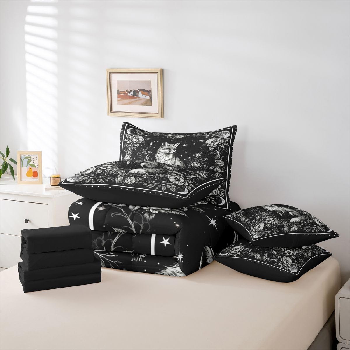 Erosebridal Gothic Comforter Set 7 Piece Bed in a Bag Twin | Fox Bedding Sets Vintage Floral Woodland Animals Comforter and Sheet Set, Galaxy Moon Flowers Bed Sets Black Goth Decor