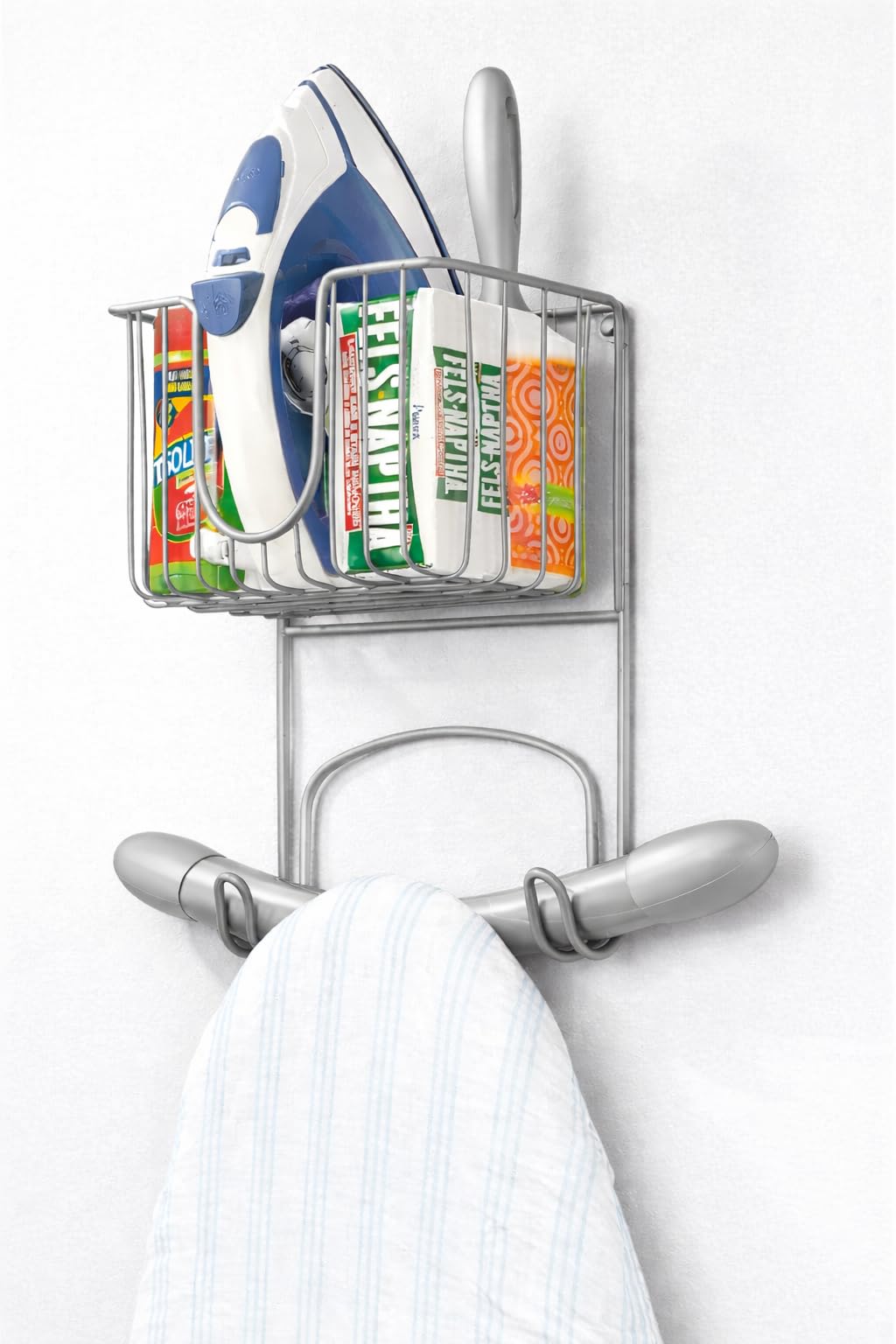 59495 Wall Mount Metal Ironing Board Holder with Small Storage Basket - Holds Iron, Board, Spray Bottles, Starch, Fabric Refresher for Laundry Rooms - Grey-image-35