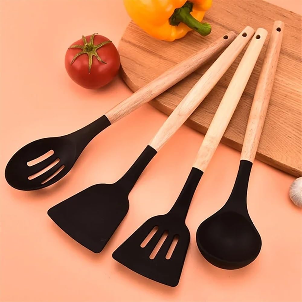 12-teiliges Küchenutensilien-Set aus Silikon, antihaftbeschichtet, Küchenhelfer mit Holzgriff, Pfannenwender, Eierrührer, Küchenzubehör (Schwarz, 12 Stück)