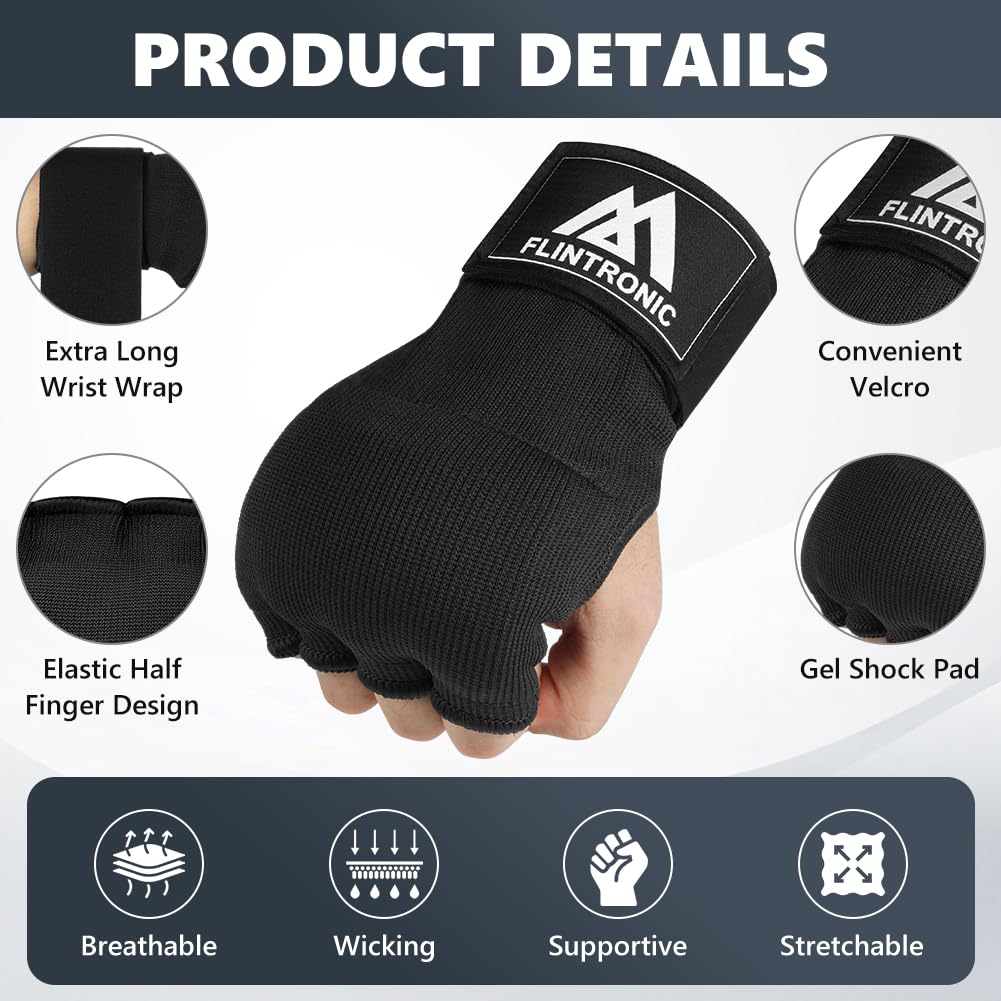 flintronic Żelowe rękawice bokserskie, wewnętrzne, 95 cm, szybkie długie paski na nadgarstek, elastyczne, wyściełane, do MMA, muay thai, kickboxingu, treningu sztuk walki, sportów walki