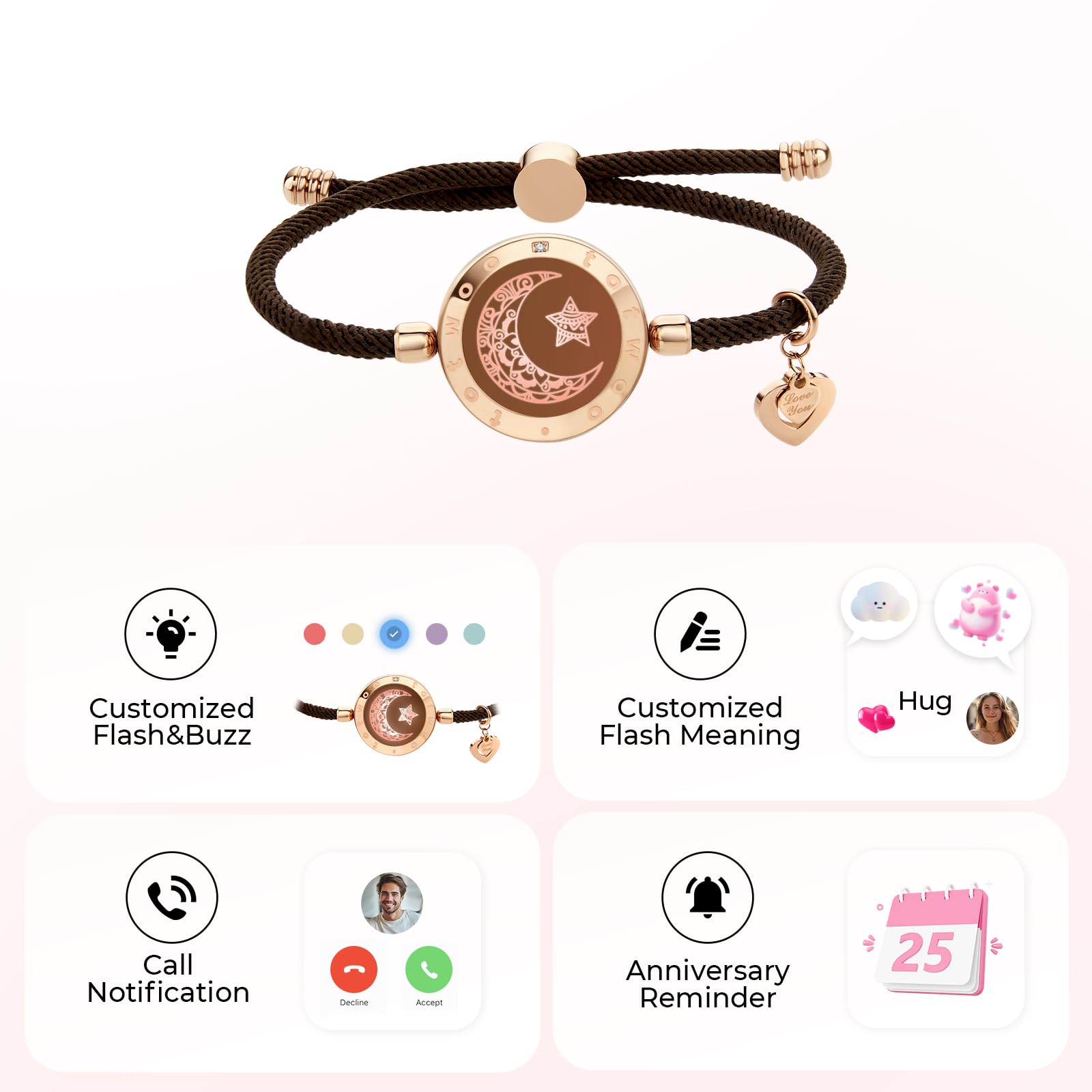 TOTWOO Pulseras táctiles de larga distancia con función de vibración, joyas inteligentes para él y ella, pulseras a juego, patrón de sol y luna, regalos para parejas, pareja de pareja de pareja uno a
