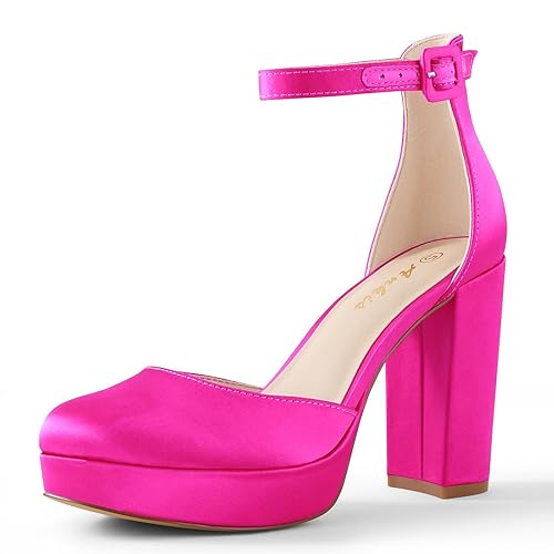 Ankis Nude Black Silver Gold Heels for Women Open Toe Ankle Strap Chunky Heel Pump Sandals Party Wedding Strappy Buckle Sandals Standard Size 2.75 Inches Tall Thick Heel Design - 8.5 - Hot Pink Satin