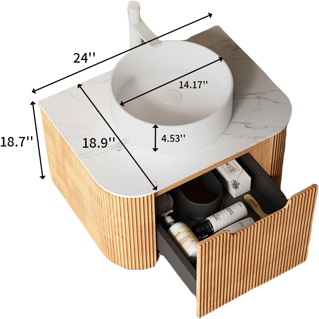 24 Inch Solid Wood Texture Floating Bathroom Vanity with Sink, Modern Wall-Mounted Striped Bathroom Storage Cabinet with White Ceramic Sink Combo, Natural Wood