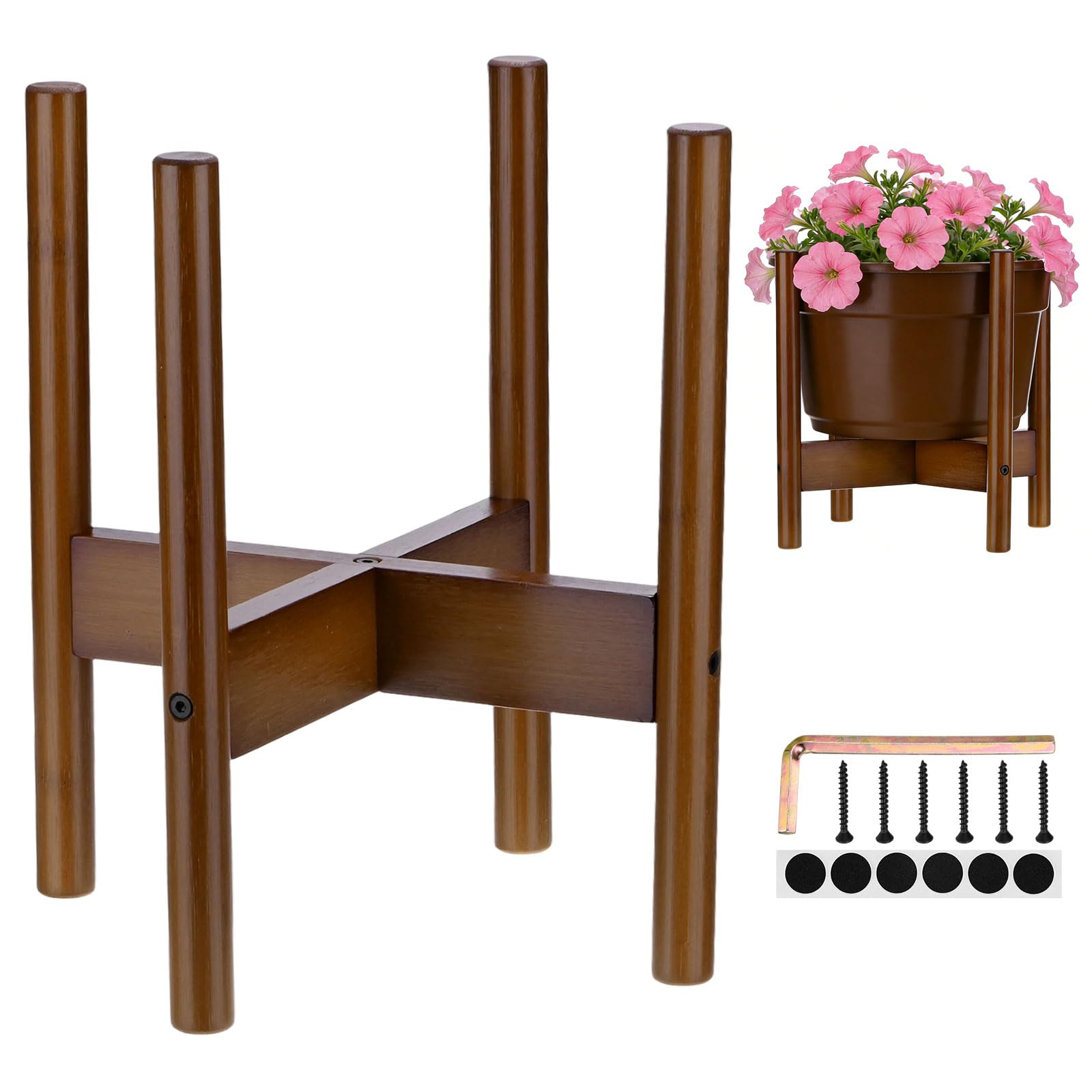 M METERXITY 1-Pack Bamboo Plant Stand, 9.84 Inch Fixed Size Pot Stand for Indoor Outdoor (Plant Not Included)/Big Pots/Garden/Patios, Mid Century Modern Flower Pot Holder [Brown]