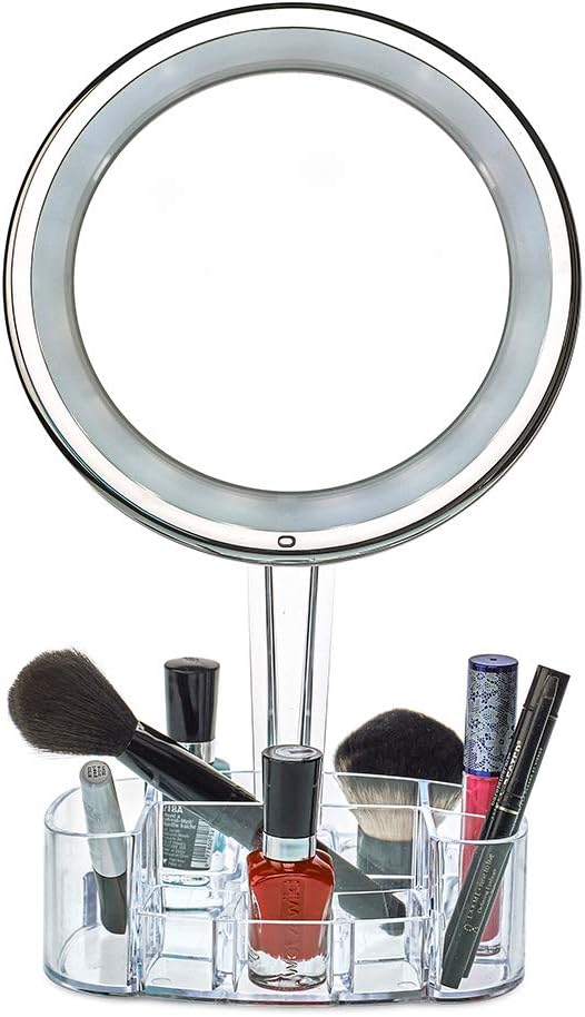 daisi Magnifying Lighted Makeup Mirror with Cosmetic Organizer Base | 7X Magnification, LED Lighted Free Standing Bathroom Mirror for Vanity, Desk or Tabletop