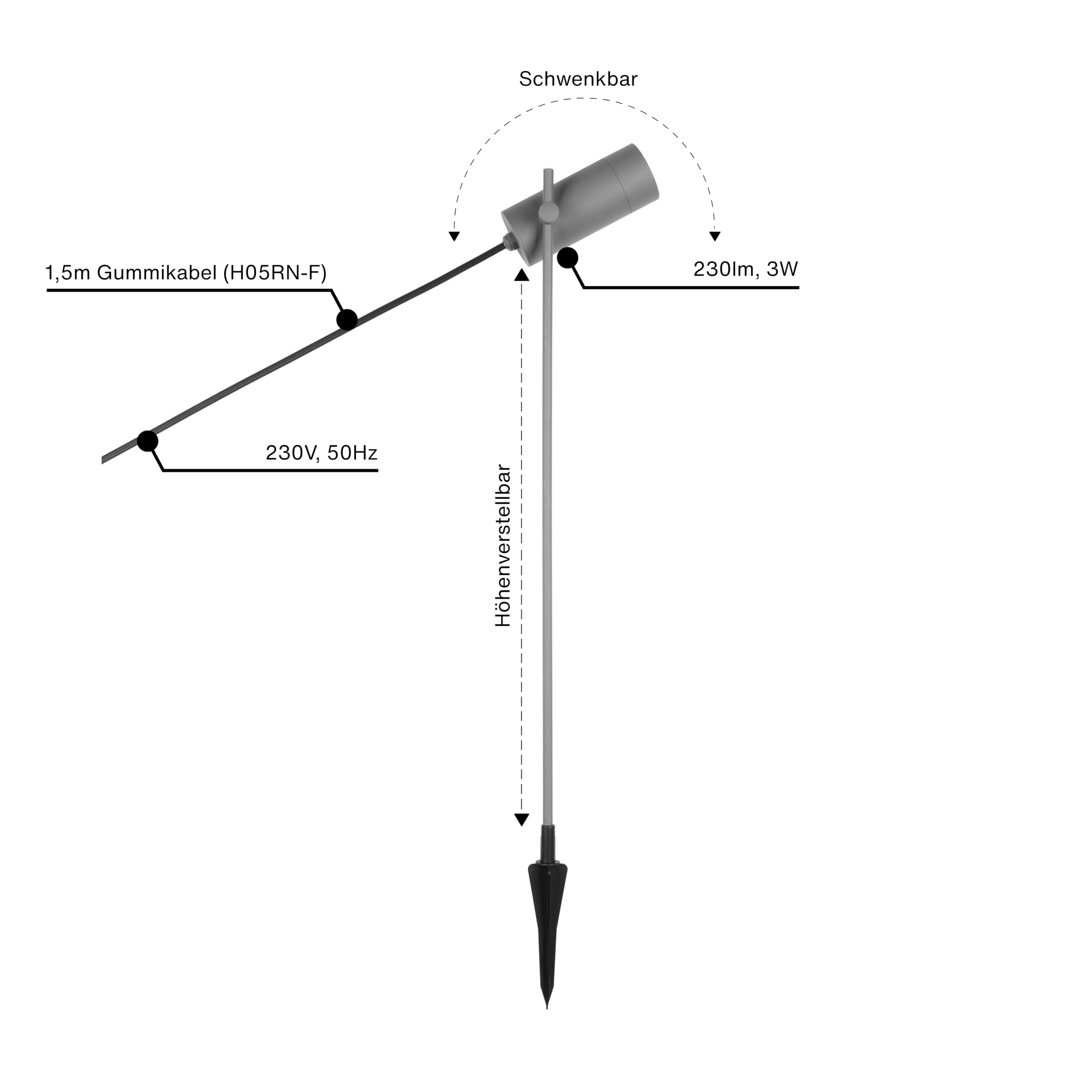 REV Juego de iluminación de jardín (12 luces orientables para senderos, carcasa de aluminio IP65, 230 lm, 3 W, cable de 1,5 m, altura: 76 cm), color gris L450