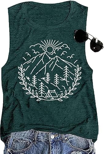 Camiseta sin mangas para mujer, senderismo, campamento, al aire libre, verano, montaña, naturaleza, divertida, estampado gráfico, cuello redondo,