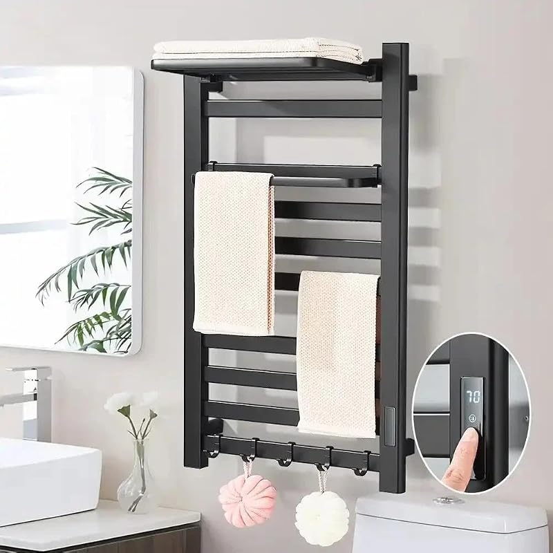 Toallero eléctrico calentado negro mate MOS | Calentador de toallas montado en la pared con control digital de temperatura Ganchos para estante superior Secador de toallas de acero inoxidable para baño