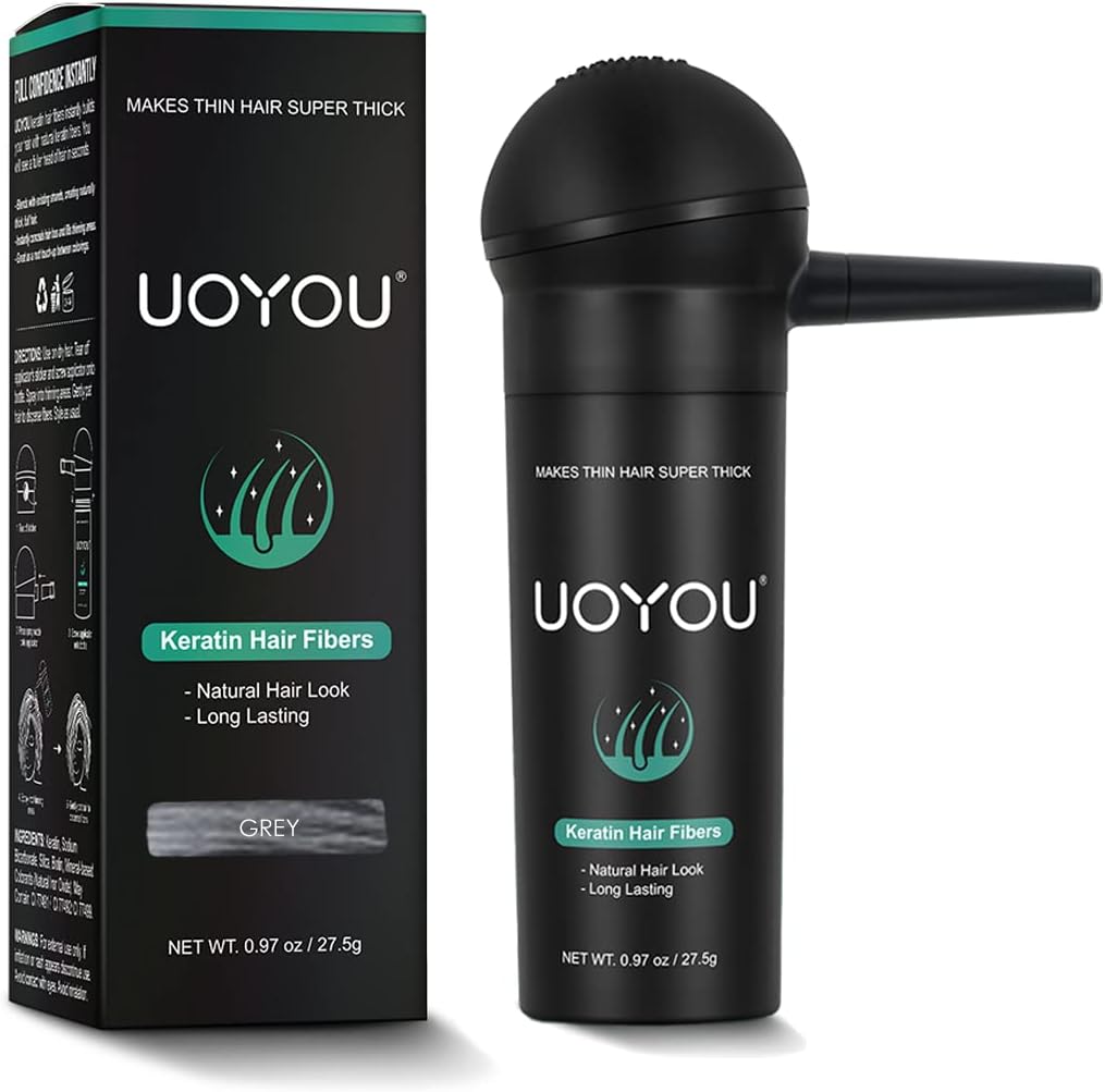 UOYOU Grijze haarvezels voor dunner wordend haar 27,5 g fles met applicator | Ondetecteerbare en natuurlijke keratine haarvezels Concealer voor haaruitval voor mannen en vrouwen | Haarbouwvezels poeder [GRIJs]