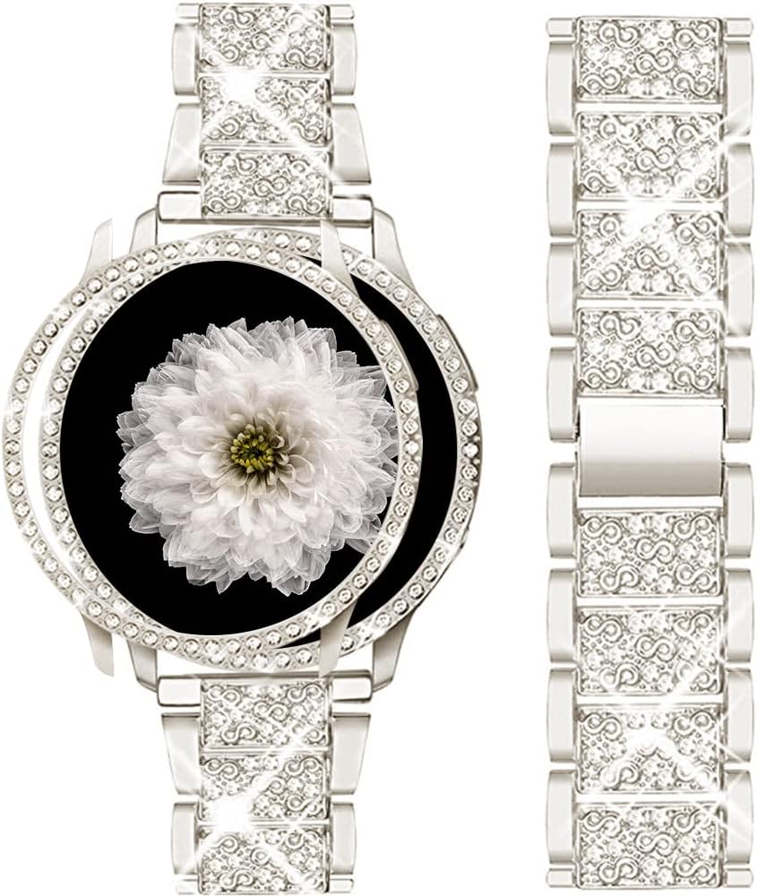 Mosonio Compatible with Samsung Galaxy Watch FE 2024 40mm/Galaxy Watch 5 Band 40mm 44mm/ Galaxy Watch 4 Band 40mm 44mm with Protective Cover Case, 20mm Bling Metal Galaxy Watch Band for Women (Silver, Black, Rose Pink, Rose Gold, Colorful, Starlight)