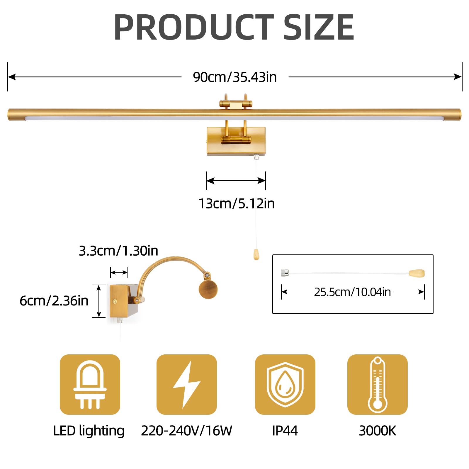 LED Spiegelleuchte Badezimmer 90cm 16W IP44 Wandleuchte mit Schwenkbarem Lampenkopf und Zugschalter