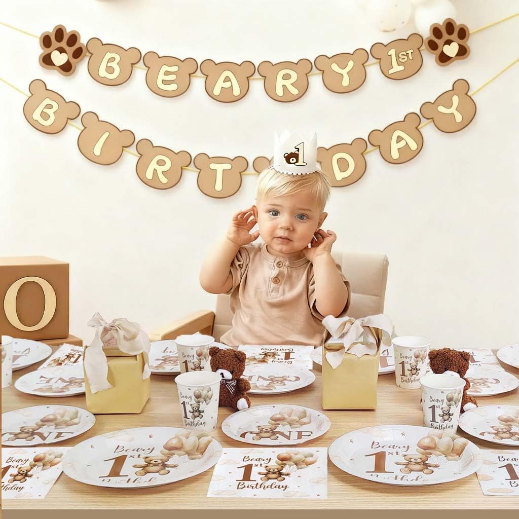Beary First Birthday Decorations Boy Bear 1st Plates for 25 Guests, 1st Birthday Decorations for Boys 100Pcs Teddy Bear Beige Balloon Party Plates Cups and Napkins Baby One Party Decor