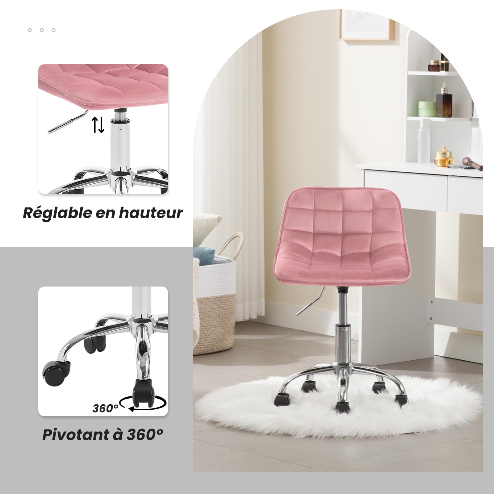WOLTU Chaise Bureau Enfant, Tabouret Coiffeuse, Tabouret avec Dossier, Chaise Velours Pivotante, Réglable en Hauteur, Assise Rembourrée, Rose