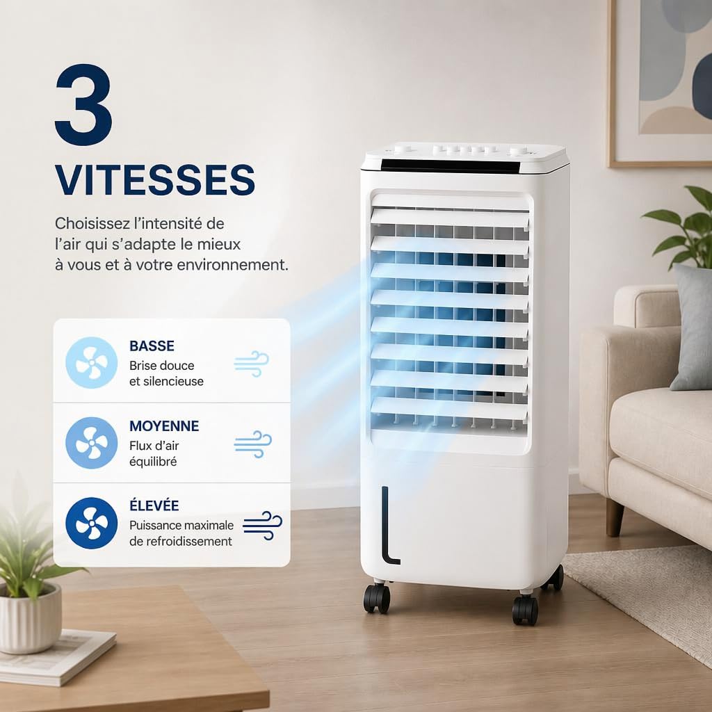 Climatiseur Mobile | Rafraîchisseur d'Air Évaporatif 80 W | Refroidisseur d'Air avec Réservoir d'Eau | 3 Vitesses | Oscillation Automatique | Silencieux | Faible Consommation