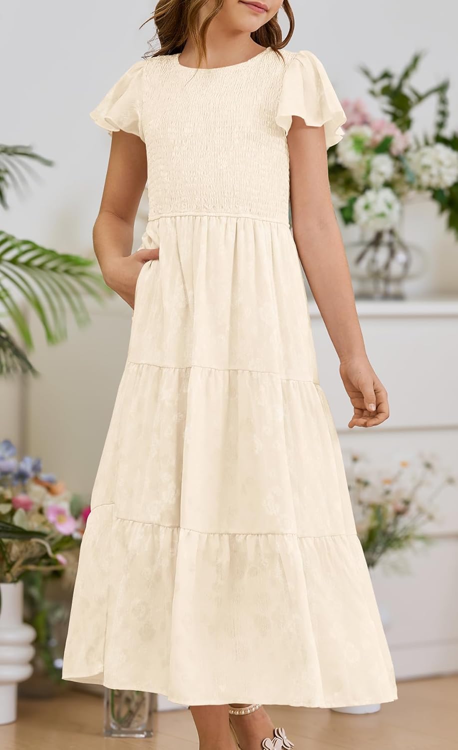 YOVION Flower Girls Dress Elegant Ruffle Sleeve Smocked A Line Tiered Flowy Wedding Guest Maxi Dresses for 6-12 Years - Image 3