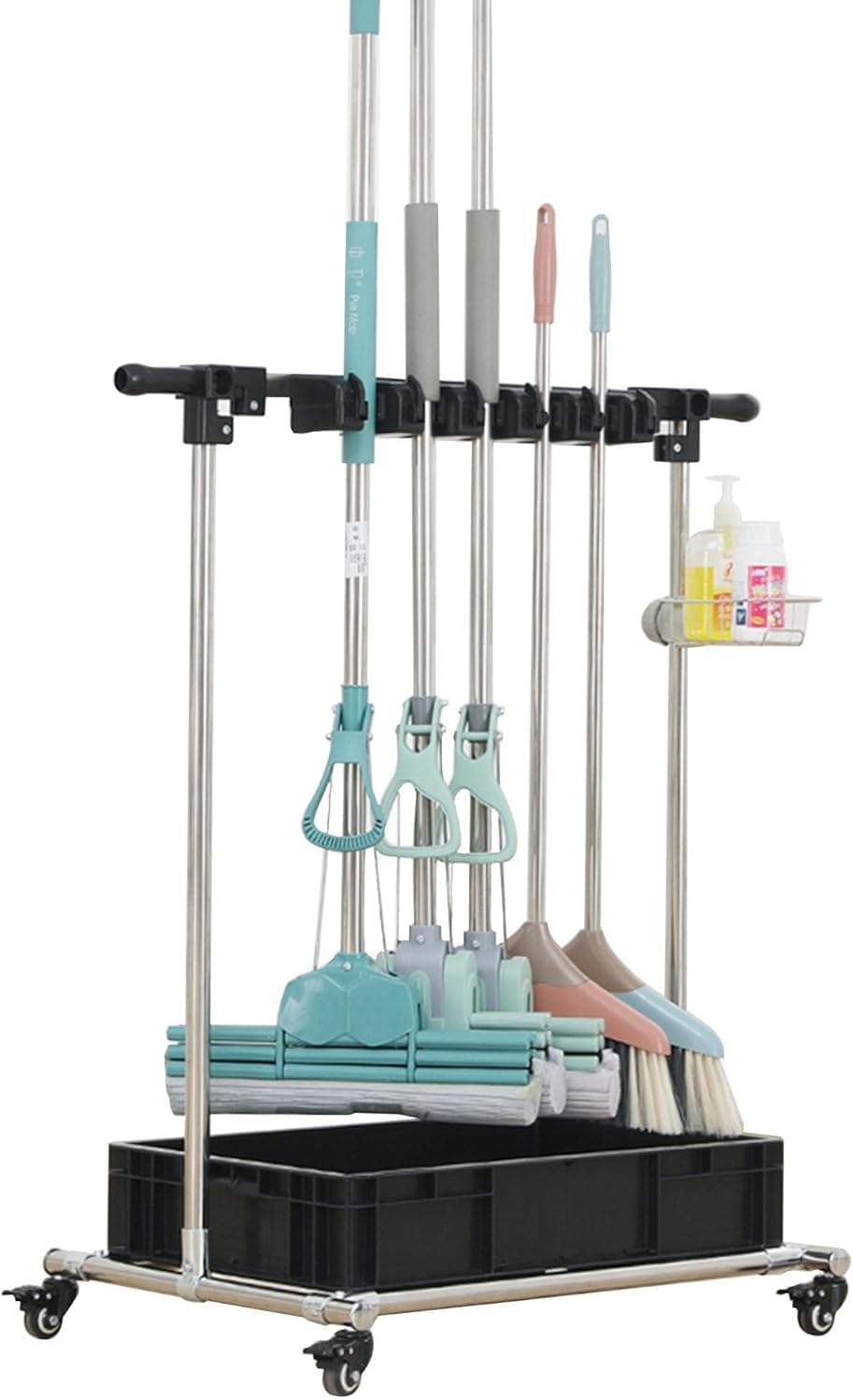 Chariot de rangement à roulettes avec support pour balai et serpillère et bac de drainage