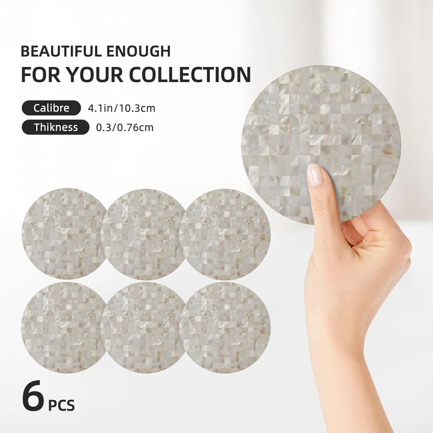 Mother of Pearl, Beige Light Coasters Set of 6, Absorbent Ceramic Coaster with Holder, Modern Style Coaster for Drinks, Beer, Coffee