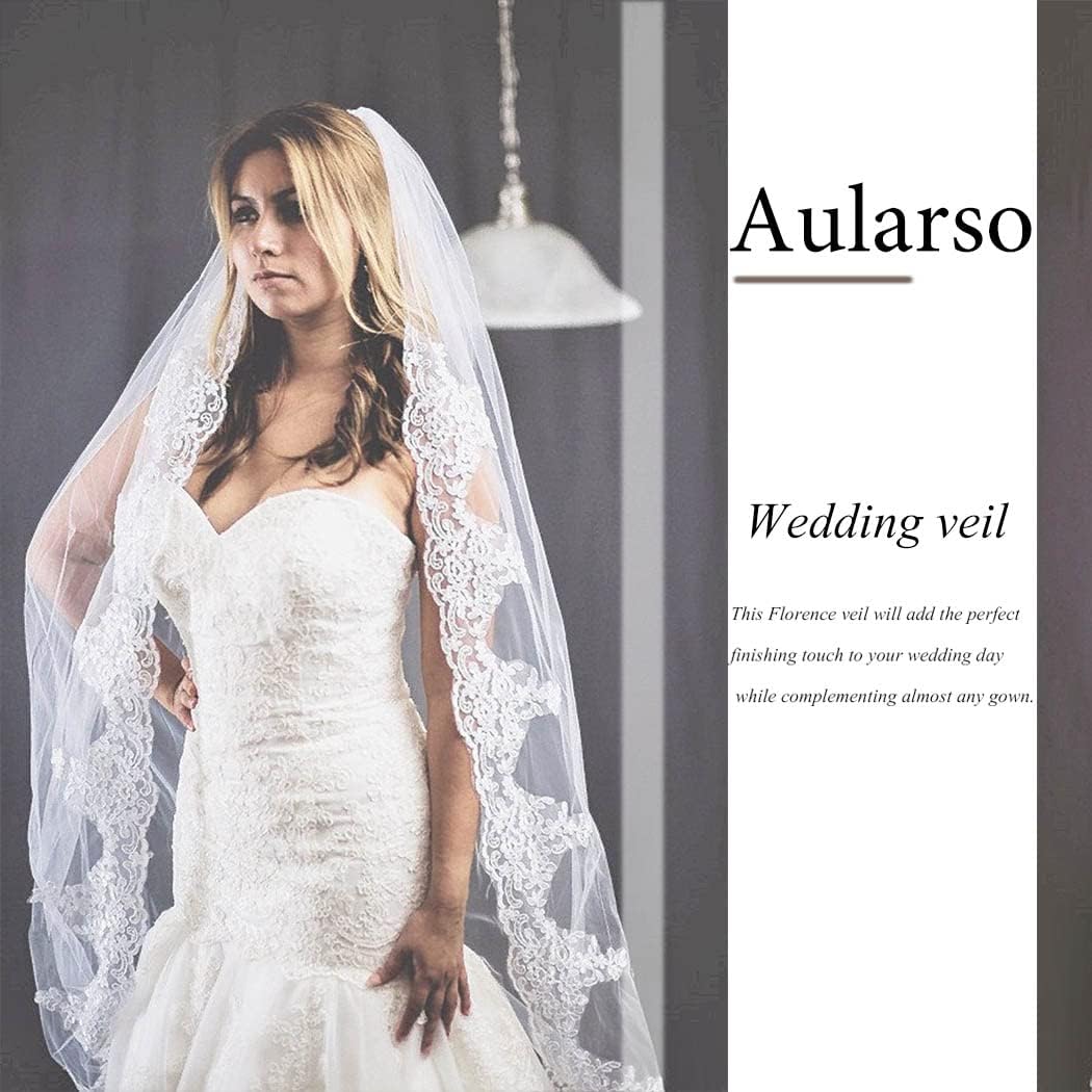 Miniatura 4 de Aularso Velos de novia de encaje con velo floral para novias largo de la catedral con peine para novias de 118 pulgadas Blanco Talla libre