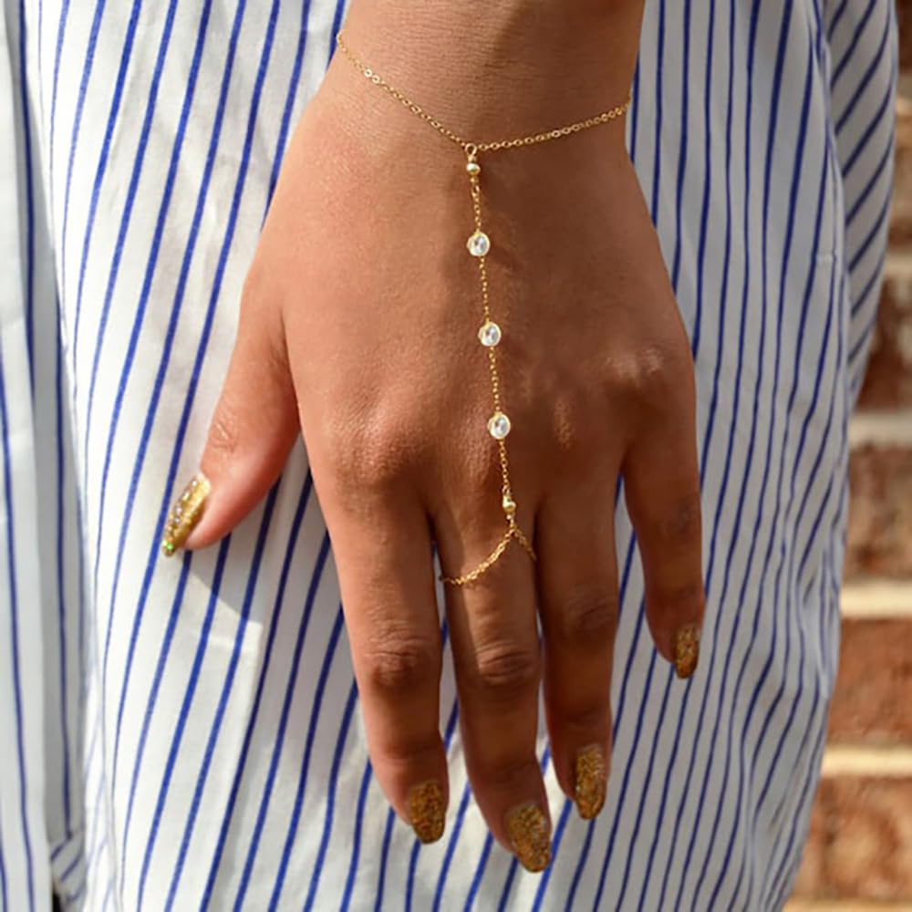 Listine Hand Chain Bracelet 14K Gold Plated Ring Bracelet Hand Chain Trendy Stuff for Women Dainty Hand Bracelets with Finger Ring Hand Jewelry for Women: L