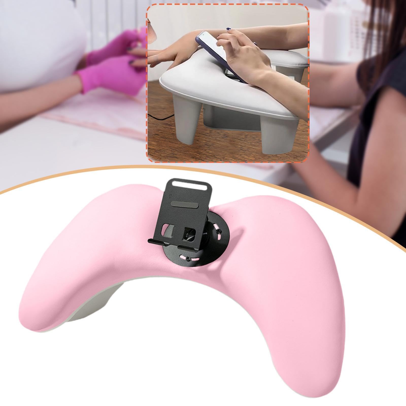 Cuscino Poggiabraccio Unghie Manicure Porta Telefono Regolabile Pelle PU Supporto Smontabile Ergonomico Adatto per Professionale, Rosa