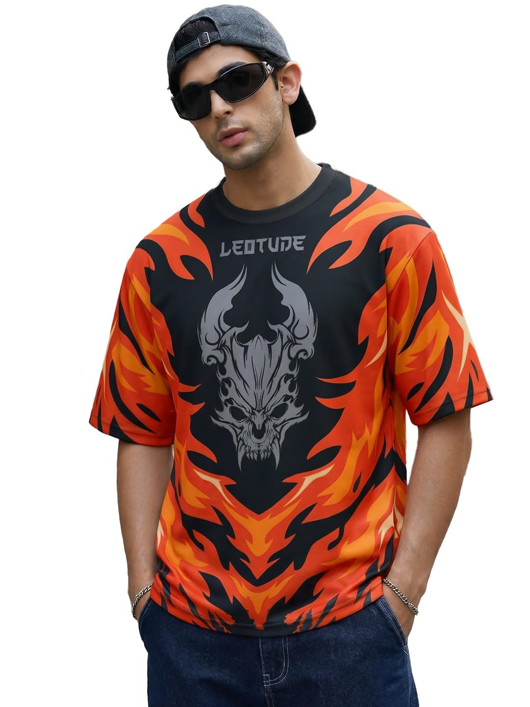 Man's Oversized Flame Graphic T-Shirt – Half Sleeve Round Neck Bold Fire Dragon Style Streetwear Tee for Men (Color:Black)-image-19