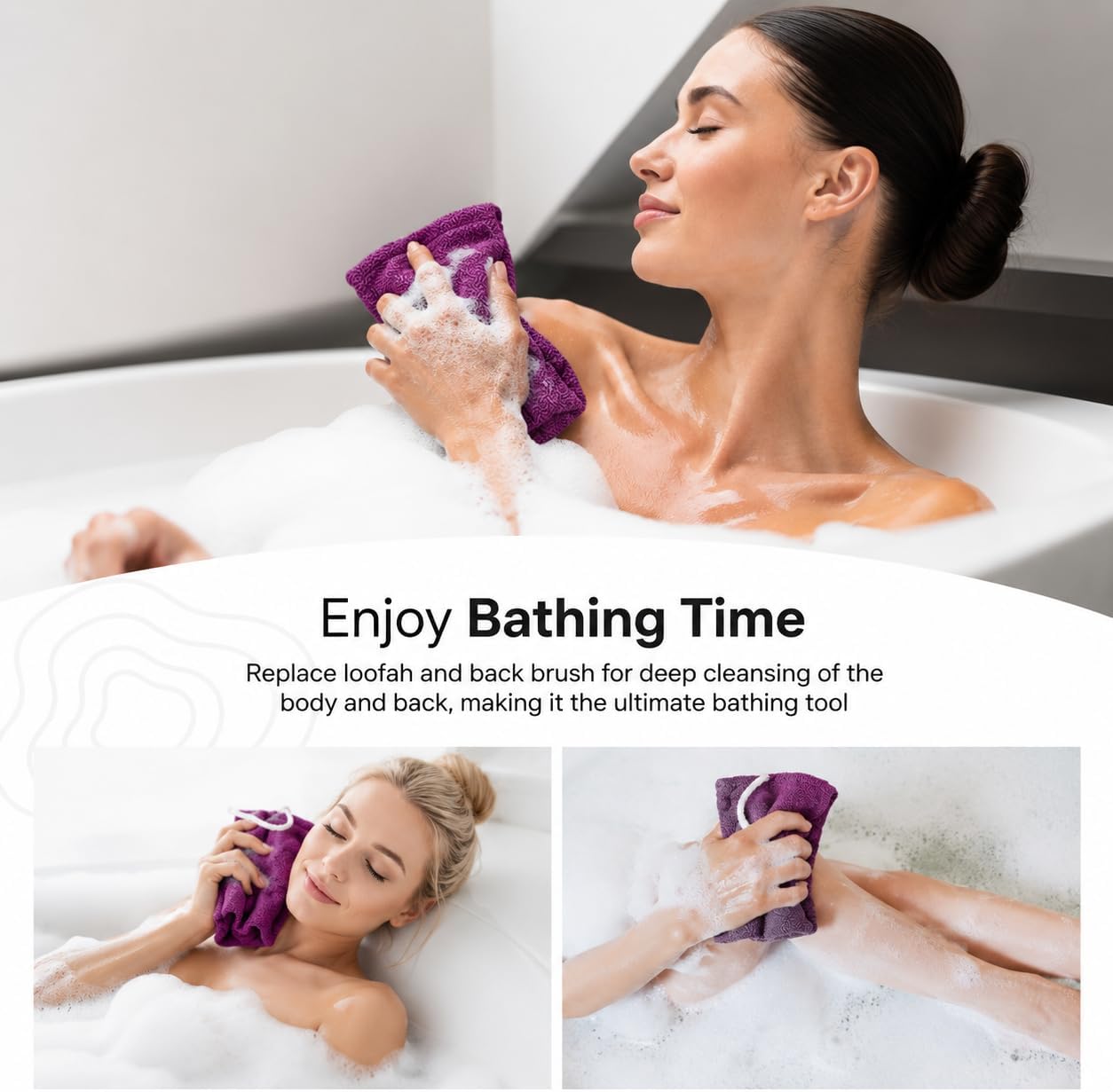 Yiclick Exfoliating Washcloth Towel with Handle, Back Scrubber for Shower, Exfoliating Body Scrubber Exfoliator, Japanese Wash Cloth for Body Scrub, Bath Sponge Loofah Luffa Washer Exfoliator image 3